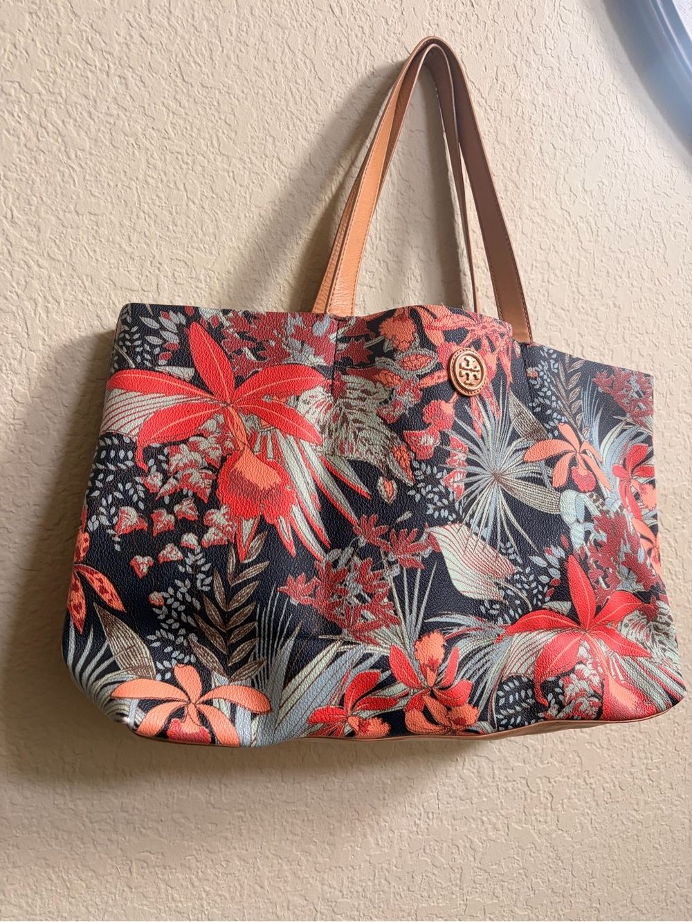🌺Tory Burch Navy Tote with Coral Floral Pattern